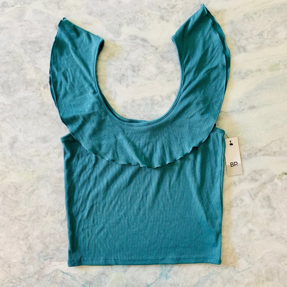 BP Teal Lettuce Ruffle Hem Scoop Neck Rib Tank Top - Picture 2 of 7